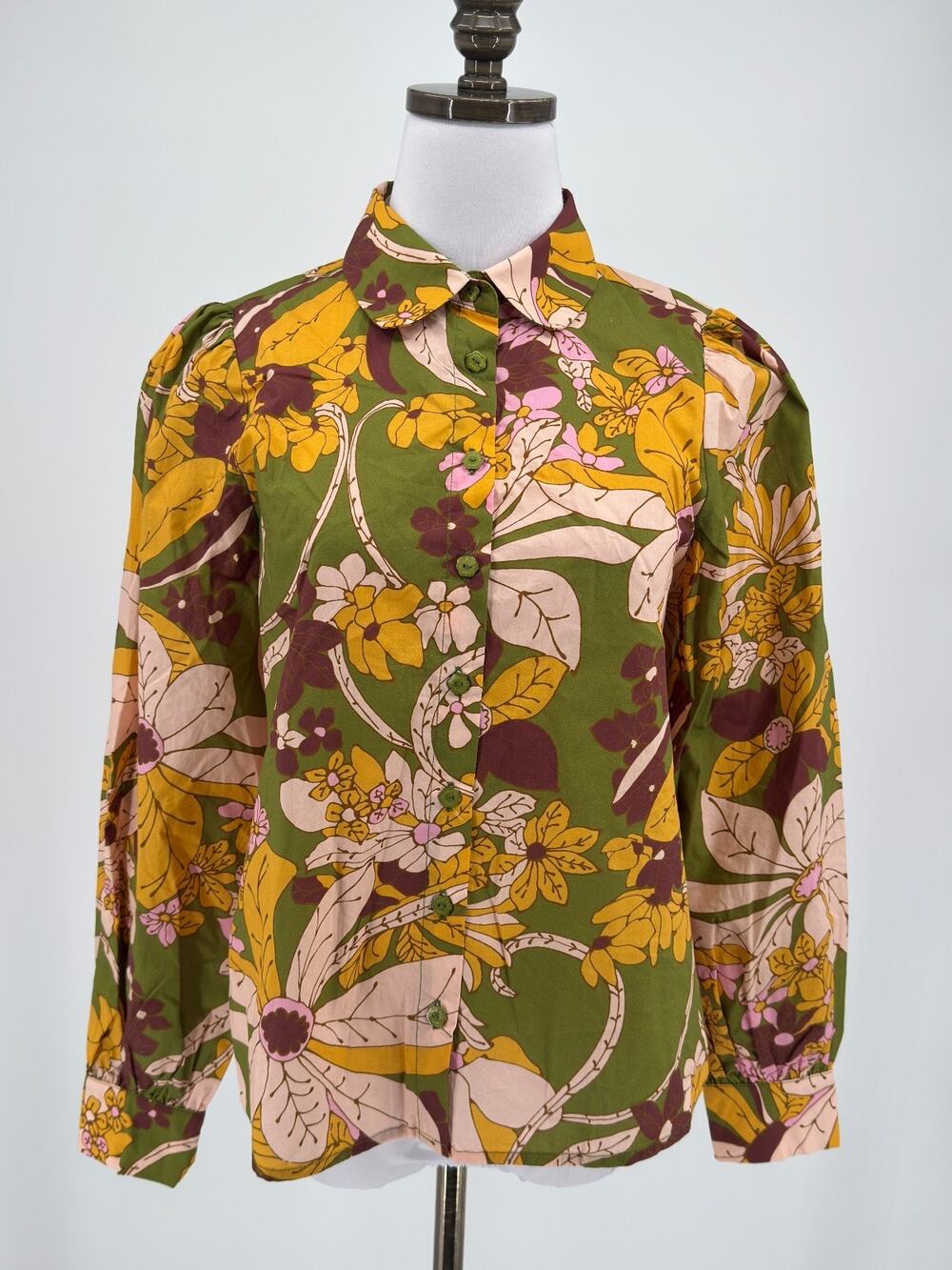 Flora Bea NYC West Point Botanical Floral Puff Sleeve Button Top Sz XS